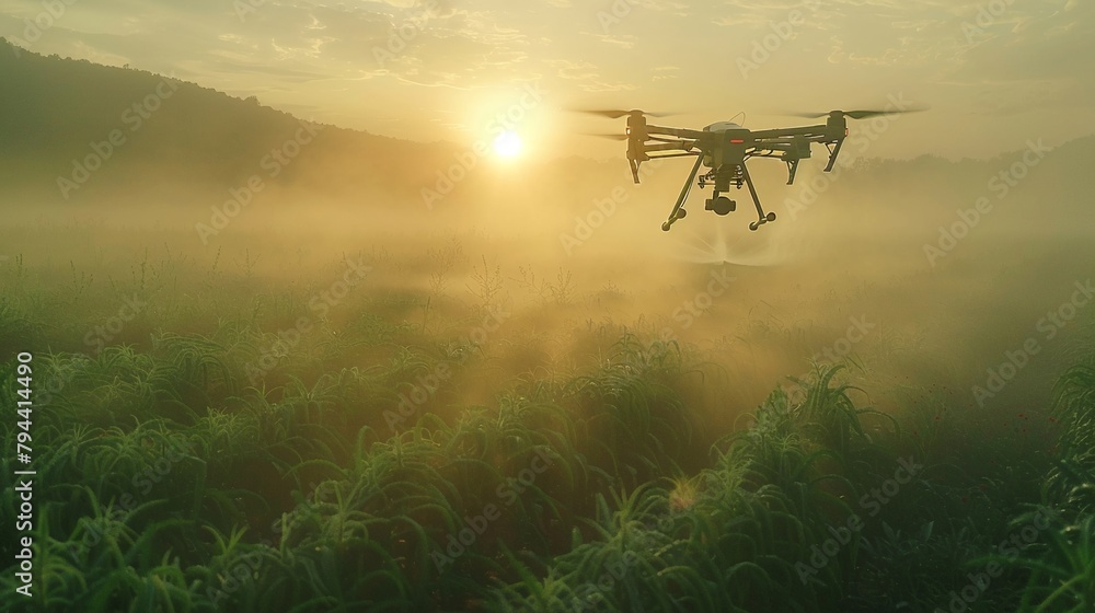 Agricultural drone flying low over a lush green crop field in the early morning,