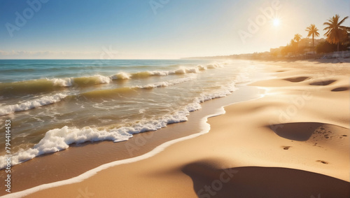 Sunny Seaside  Beachscape with Golden Sand and Radiant Sunlight Bokeh.