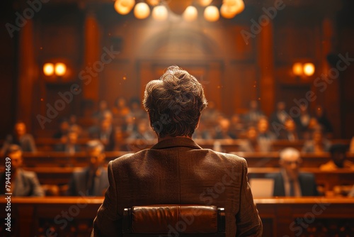 Lawyer sitting before a courtroom trial begins, surrounded by the attentive audience photo