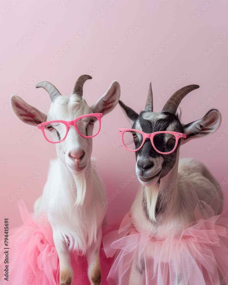 Sophisticated goat in stylish pink glasses and elegant attire, perfect for a whimsical and unique portraiture