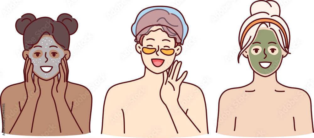 Cosmetology and SPA procedures for two women and man making rejuvenating masks from clay and cream. Happy people use lotions or patches to remove dark circles under eyes visiting SPA center Cosmetology and SPA procedures for two women and man making rejuvenating masks from clay and cream. Happy people use lotions or patches to remove dark circles under eyes visiting SPA center