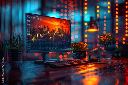 Stock market graph on background with desk and personal computer. Double exposure.