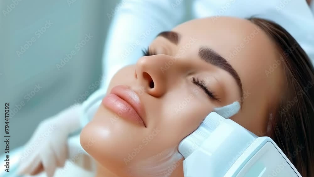 Portrait woman facial cleansing session with woman enjoying the soothing touch of modern ultrasonic device, highlighting innovation in skincare. Skin care for face, body. Rejuvenating, lifting effect Portrait woman facial cleansing session with woman enjoying the soothing touch of modern ultrasonic device, highlighting innovation in skincare. Skin care for face, body. Rejuvenating, lifting effect