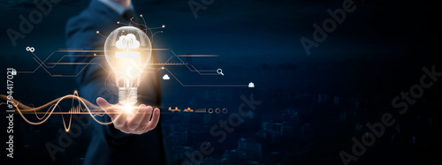 Web Hosting: Businessman Holding Creative Light Bulb with Digital Networking and Web Hosting Icon. Innovation, Connectivity, Advancing Online Presence, on Blue City Background.