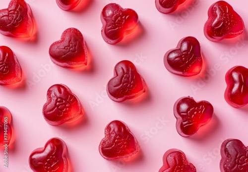 Red gummy hearts on light pink backdrop. Valentines minimalism.