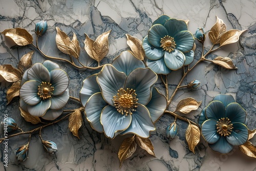 three panel wall art, marble background with golden and silver Teal Flower Plants designs, wall decoration