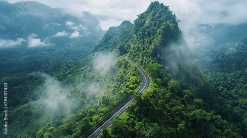 Aerial view of a winding road through a green forest and mountains, aerial photography drone shot with a high resolution top down view, landscape photo panoramic photograph