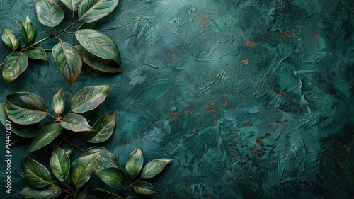 Green leaves arranged on textured dark blue background with scratches