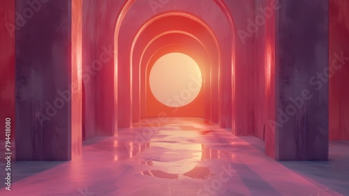 Digitally rendered image featuring archway corridor leading to bright circular light