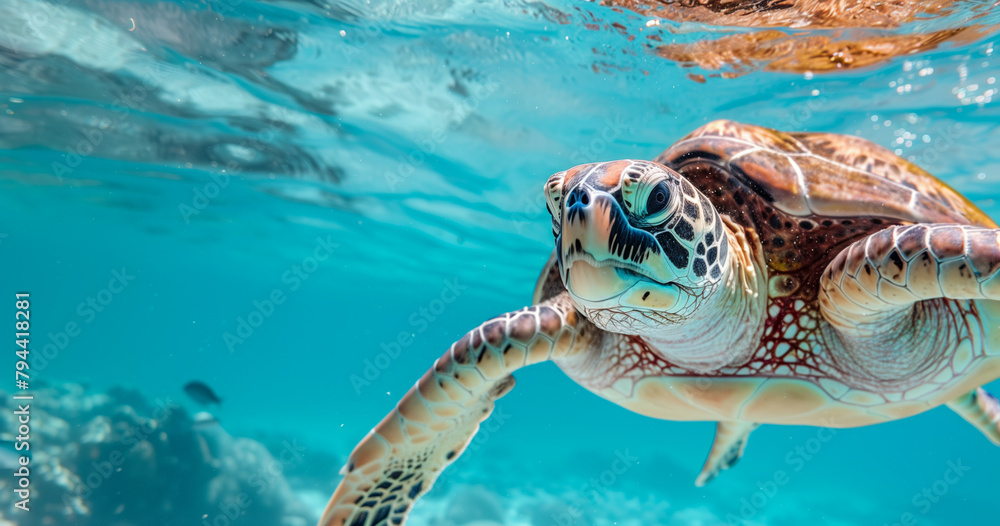 Fototapeta premium Graceful Sea Turtle Swimming in Turquoise Waters