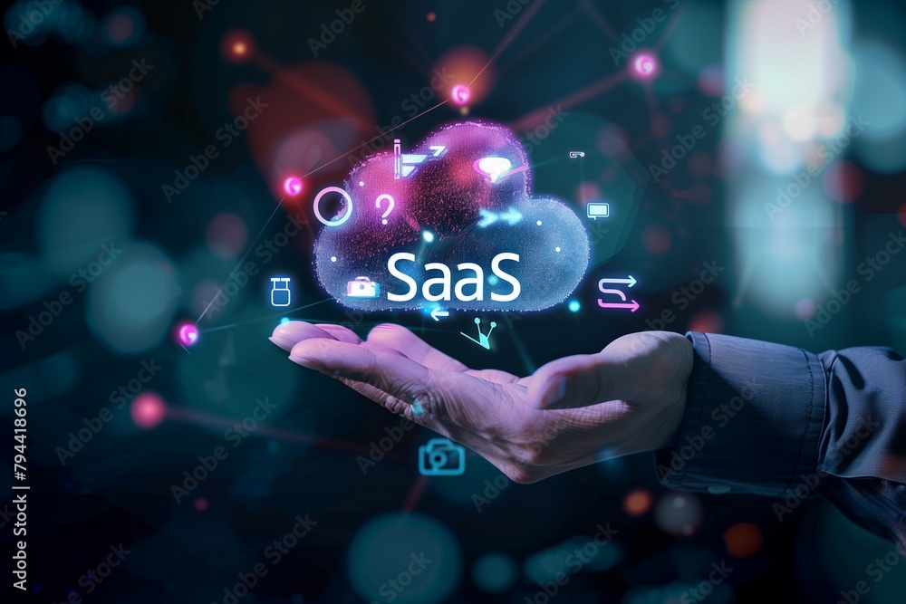 Hand Holding SaaS Cloud Icon with Digital Interface Hand Holding SaaS Cloud Icon with Digital Interface