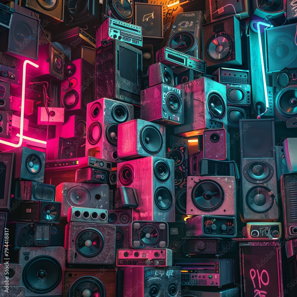 Obraz premium Neon Glow Retro Speakers Vintage Brick Wall Vibe