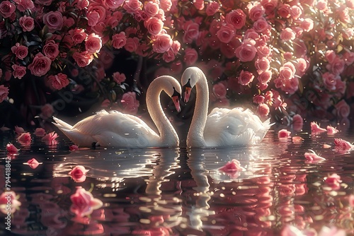 two swans in the lake with rose flowers swans