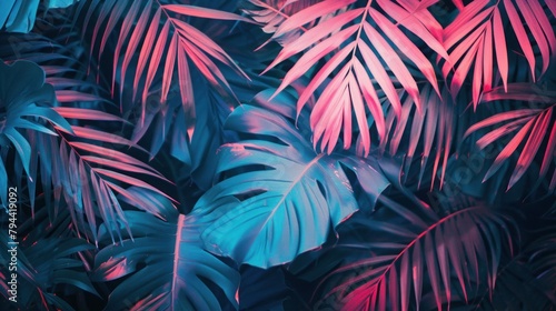 Tropical palm and monstera leaves in vibrant pink and blue colors in retro style photo