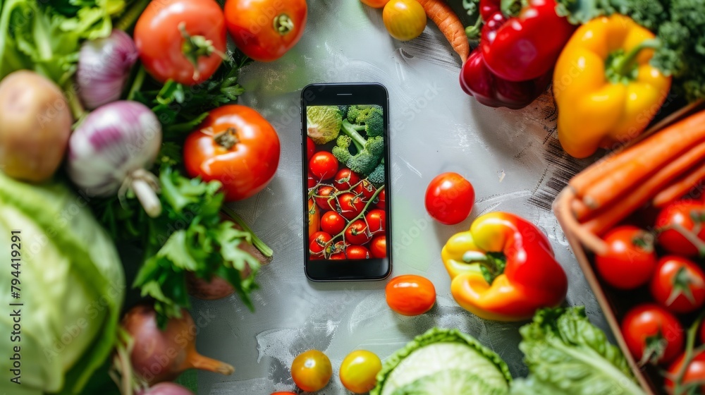 Cell Phone on Table With Vegetables Cell Phone on Table With Vegetables