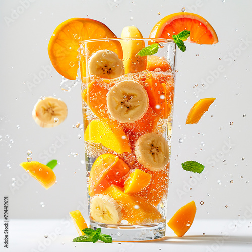  Ingredients for a juicy fruit cocktail in a glass. Fruit smoothie. Fruits explosion  diet food.