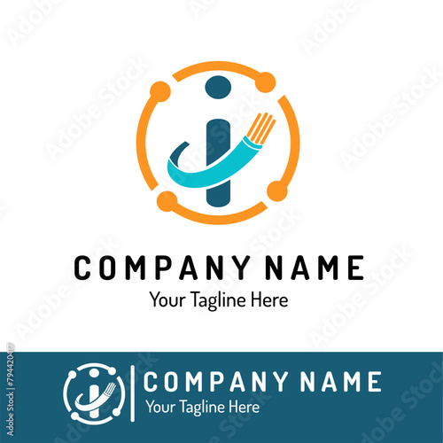 Letter i with Fiber Optic  Electric Wire for Technology Business Logo Idea. Optical Fiber  Telecom  Connection  Cabling Provider Repair  Cable Logo Vector
