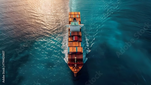 Aerial view of a container ship in open sea for logistic transport. Concept Transportation, Logistics, Container Ship, Aerial View, Open Sea