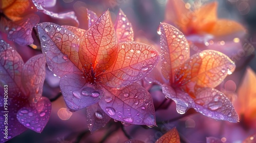 A tight shot of numerous flowers with water droplets adorning their petals and leaves