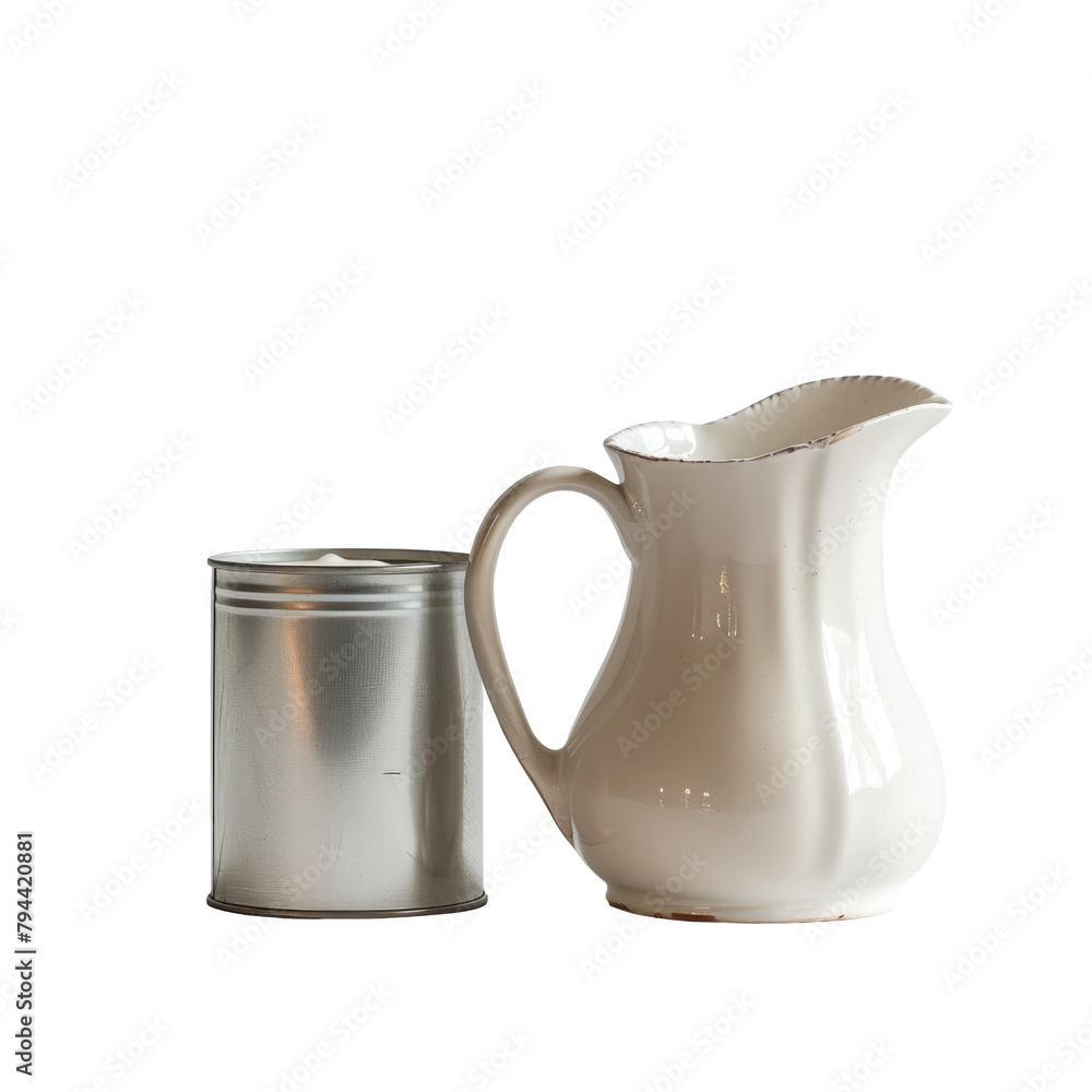 A tin can of condensed milk and a white ceramic milk pitcher are showcased against a transparent background set apart on transparent background A tin can of condensed milk and a white ceramic milk pitcher are showcased against a transparent background set apart on transparent background