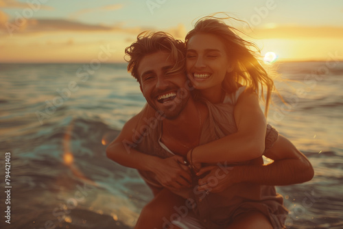 Joyful Couple Embracing in Sea at Sunset © Dzmitry