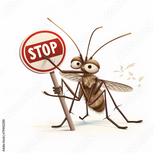 Cartoon Mosquito Holding Stop Sign photo