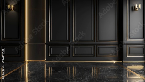 Luxurious black interior with golden accents and marble floor
