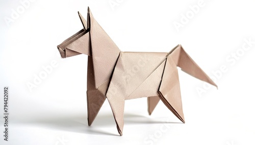 Animal concept origami isolated on white background of a tan brown horse - Equus caballus - with copy space side view of mane and tail, simple starter craft for kids