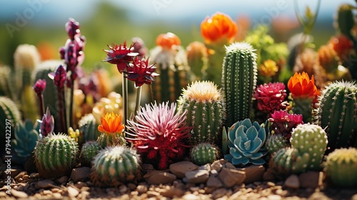 Cactus garden with colorful flowers in the botanical garden. Selective focus.
