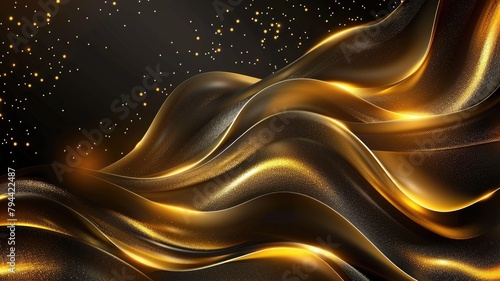 Luxurious golden fabric waves with sparkling particles on dark background