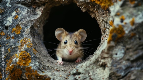 Bashful mouse peeking out of a hole  AI generated illustration