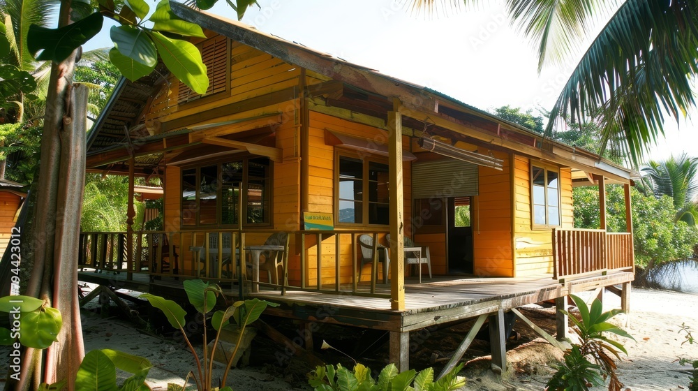 Beachfront bungalow with a deck AI generated illustration Beachfront bungalow with a deck AI generated illustration