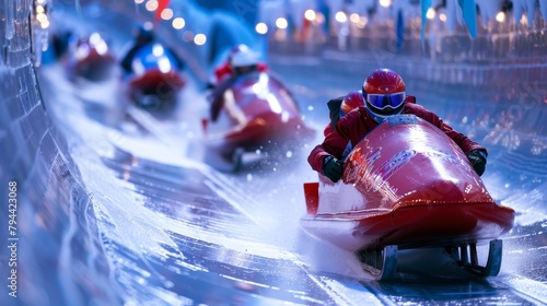 Bobsledders racing down a playful cute ice track AI generated illustration