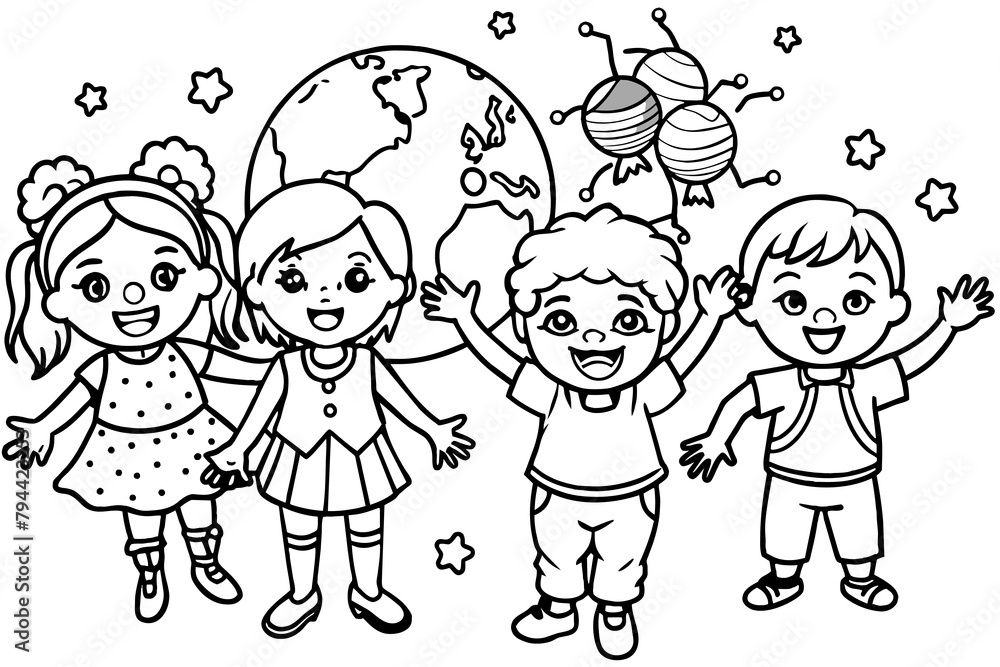Happy children's day for international children celebration. Black and white vector illustration