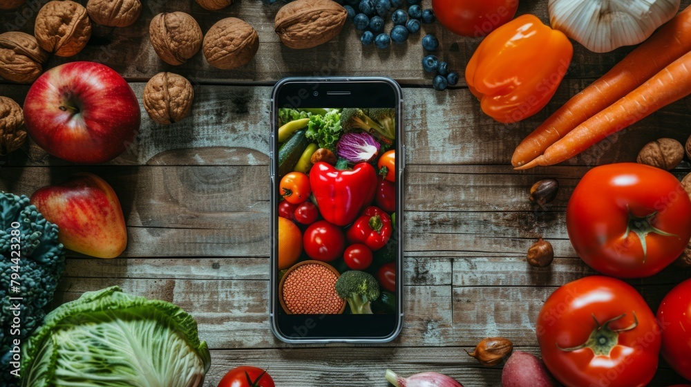 Cell Phone Surrounded by Fruits and Vegetables Cell Phone Surrounded by Fruits and Vegetables