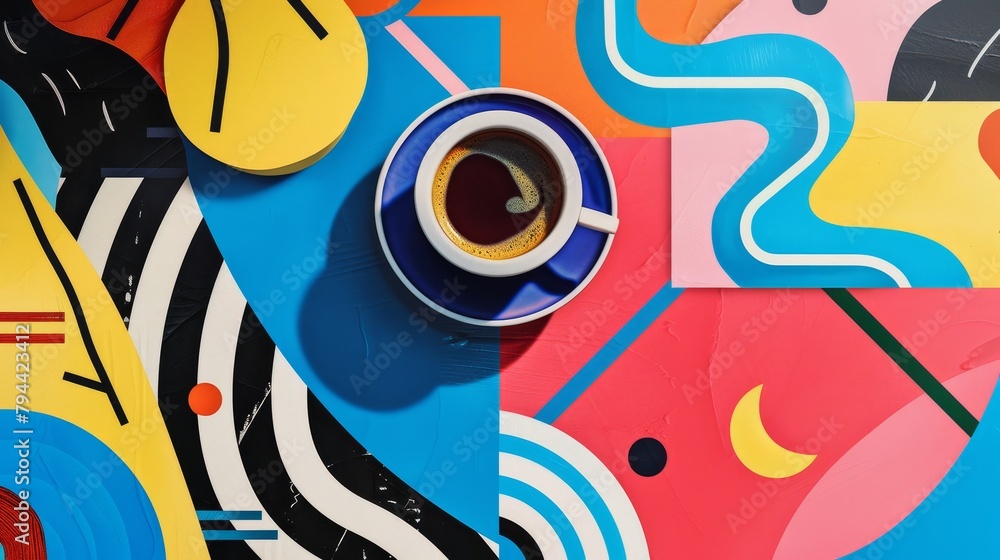 Obraz premium Bold and vibrant colors in a Memphis-inspired coffee artwork AI generated illustration