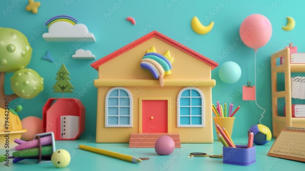 Bold colors and playful patterns in a cute 3D representation of a school scene AI generated illustration Bold colors and playful patterns in a cute 3D representation of a school scene AI generated illustration