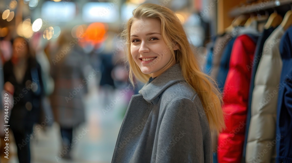 Happy smiling young blonde woman with long hair wearing a gray coat on blurred background of shopping center