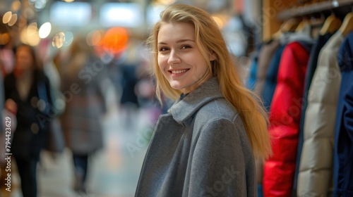Wallpaper Mural Happy smiling young blonde woman with long hair wearing a gray coat on blurred background of shopping center Torontodigital.ca