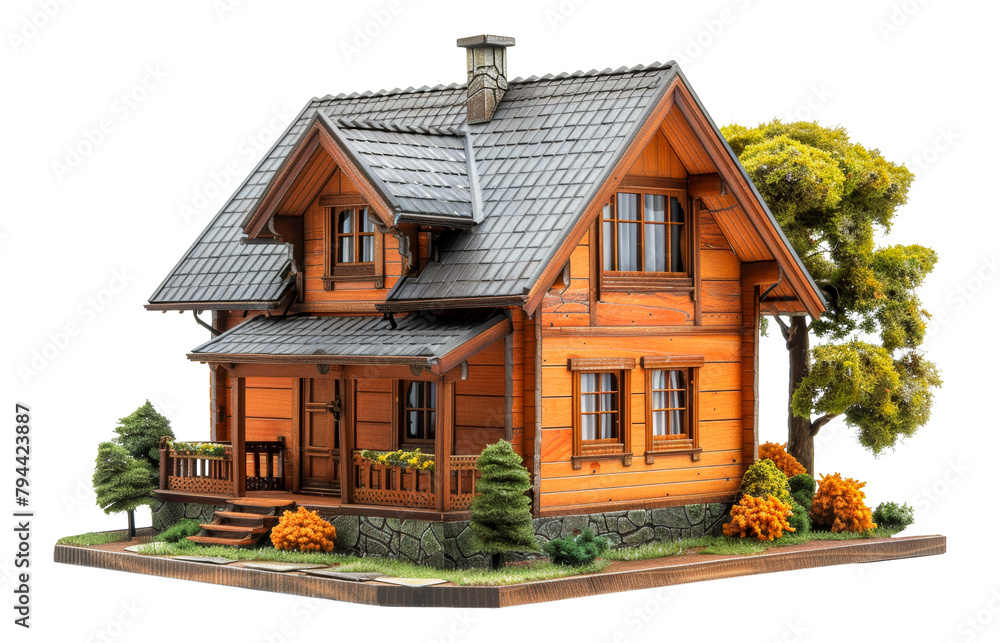 Detailed wooden house with surrounding trees
