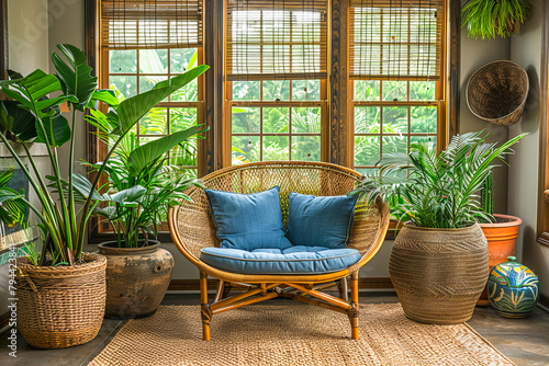 Cozy rattan chair amidst an indoor garden with vibrant green plants and tropical decor