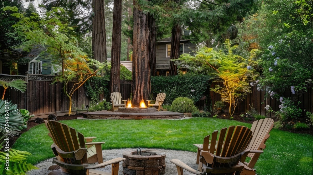 A Peaceful Backyard Oasis Outfitted with Chairs Amidst Towering Pine Trees
