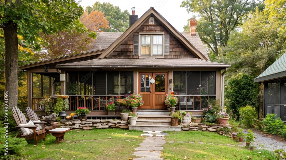 Charming bungalow with a screened-in porch  AI generated illustration