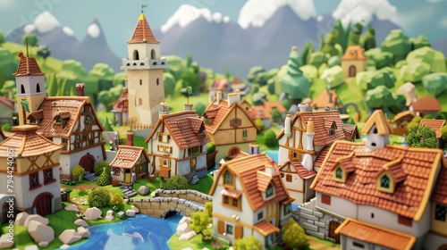 Charming 3D village with a cartoonish style AI generated illustration