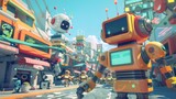 Cheerful robots and aliens in a 3D retro city  AI generated illustration