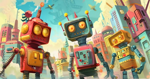 Cheerful robots and aliens in a Memphis-inspired city  AI generated illustration