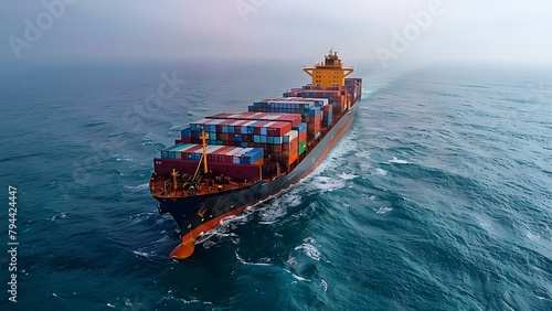 Aerial View of Cargo Ship Carrying Containers for Export. Concept Cargo Shipping, Export Industry, Maritime Logistics, Global Trade, Container Vessel