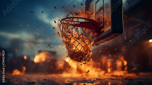 Action freezes as the basketball ball approaches the hoop. The basketball balls descent through the hoop captures the essence of the game. Success as the basketball ball nets a score photo