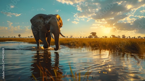African elephant (Loxodonta africana) walks swinging trunk in sunshine in Chobe National Park; Botswana, 8k 