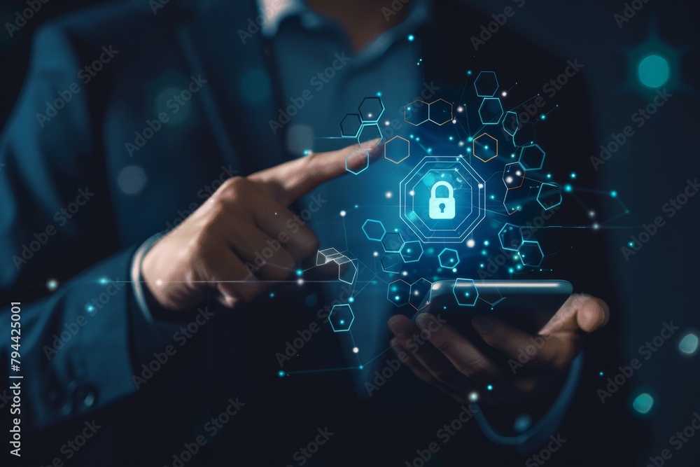 A businessman holds his smartphone and points at the digital security icon on it, symbolizing data protection in business and cybersecurity network technology Generative AI A businessman holds his smartphone and points at the digital security icon on it, symbolizing data protection in business and cybersecurity network technology Generative AI